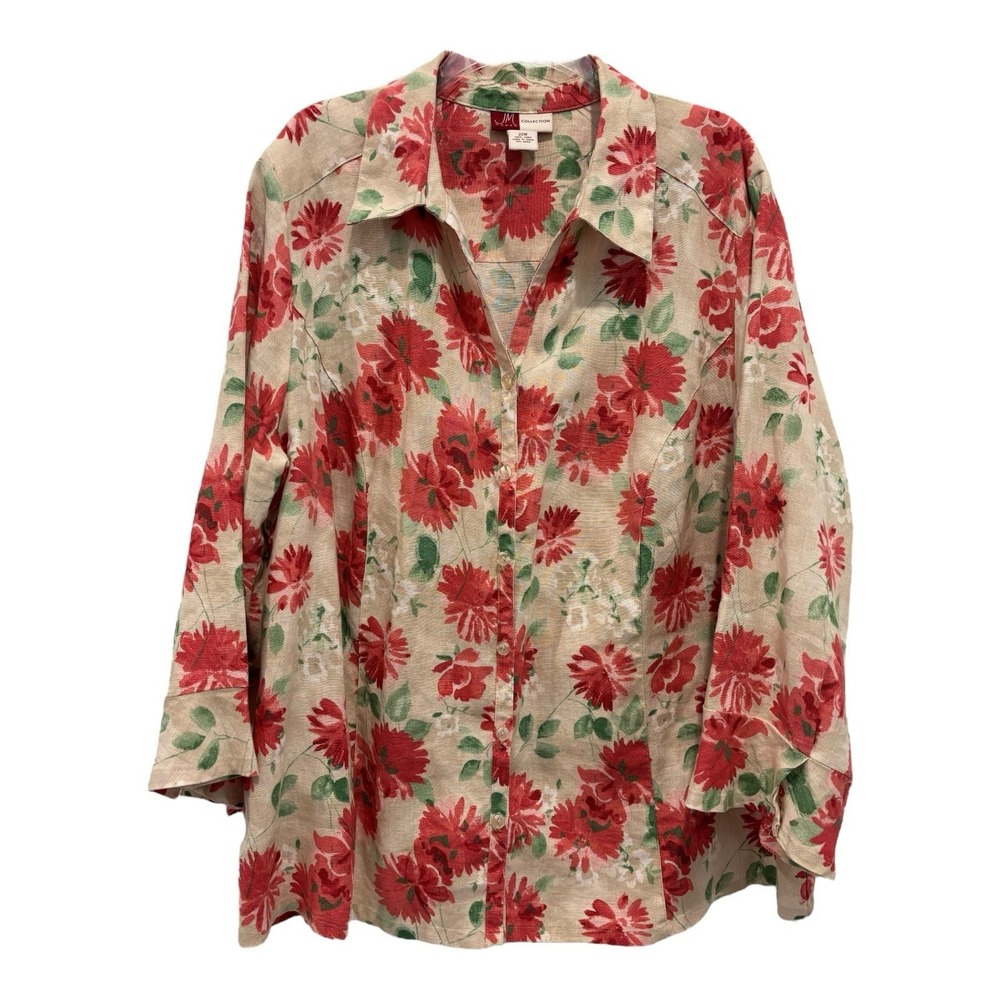 JM Collection Linen Top Womens 22 W Beige Multi Floral Shacket Bell Sleeve‎
